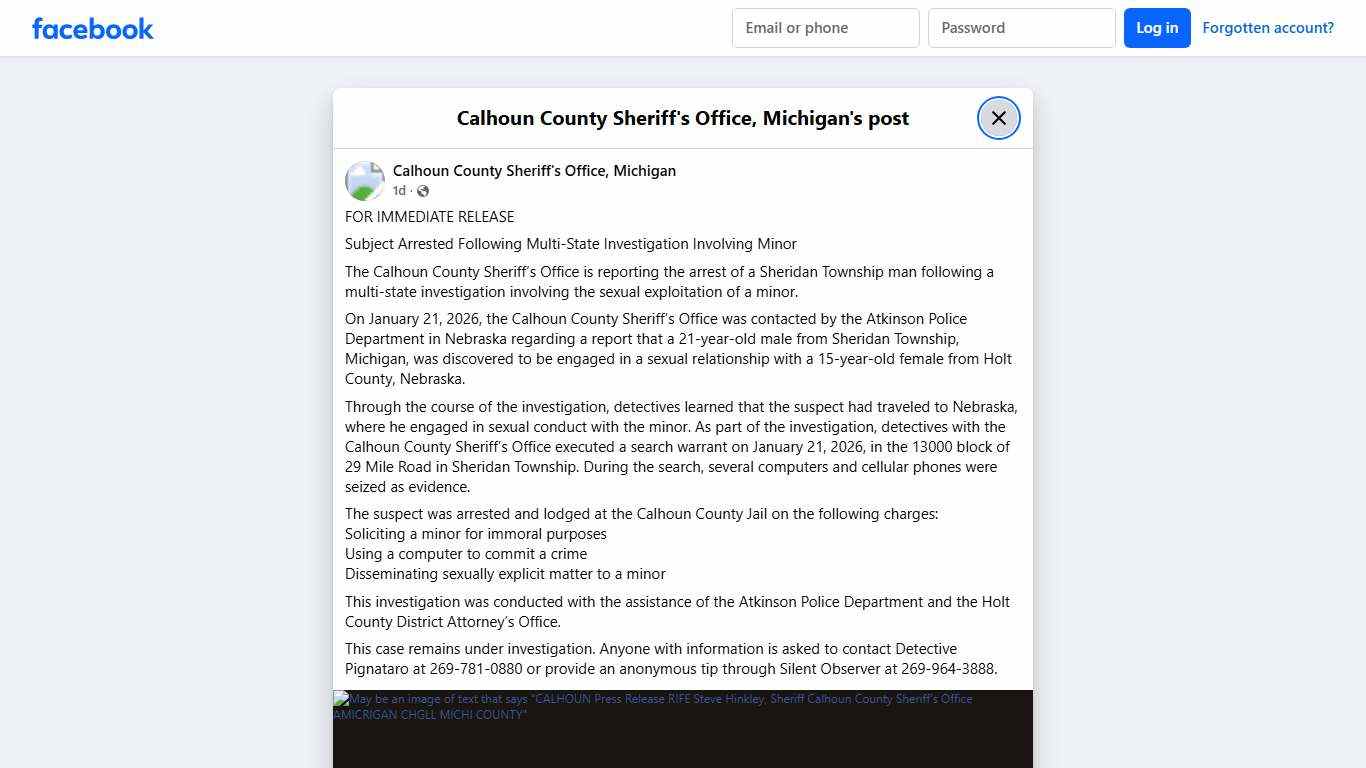 FOR IMMEDIATE... - Calhoun County Sheriff's Office, Michigan Facebook